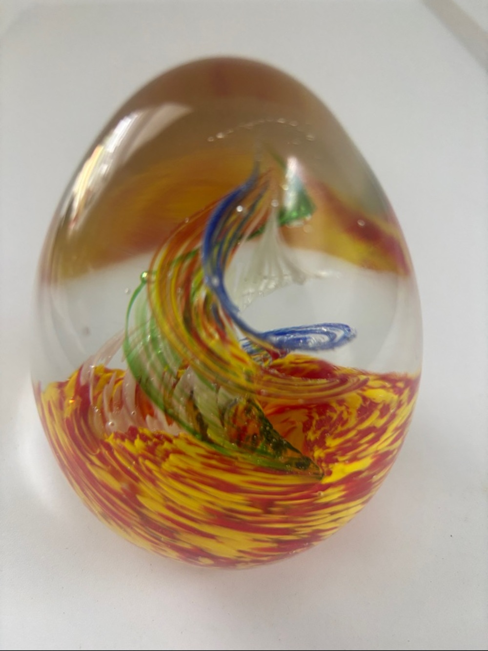 Glass Egg Shape Paperweight in Yellow and Red with Multicolor Swirl